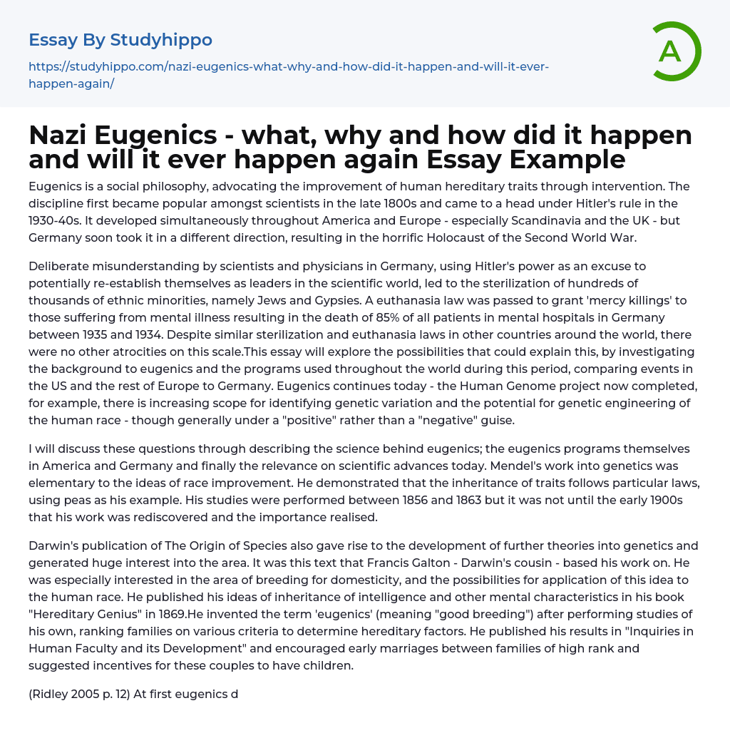 Nazi Eugenics – what, why and how did it happen and will it ever happen again Essay Example