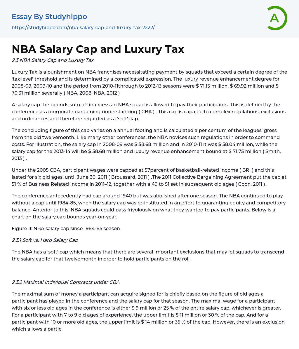 NBA Salary Cap and Luxury Tax Essay Example