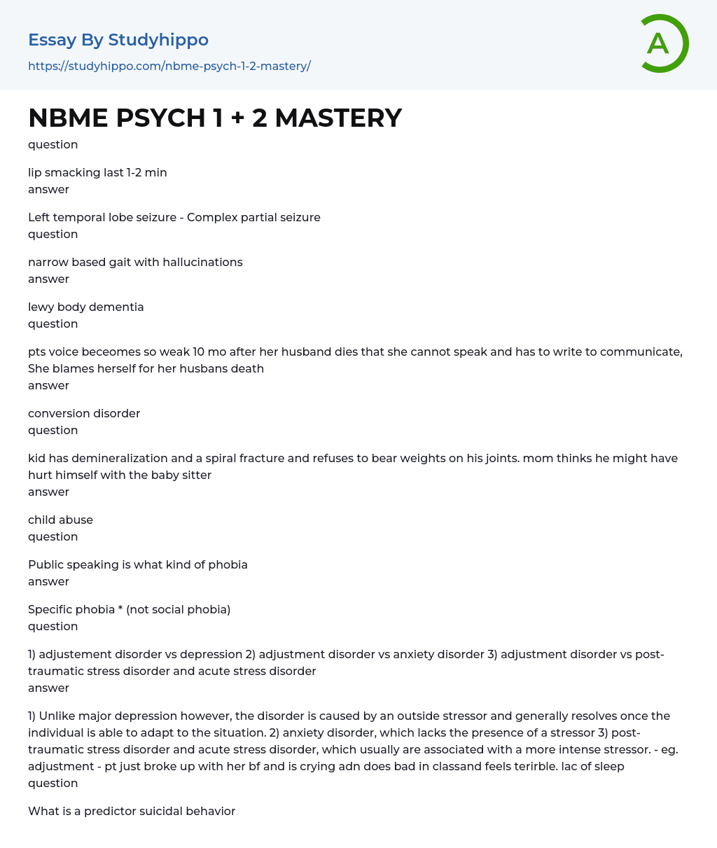 NBME PSYCH 1 + 2 MASTERY Essay Example