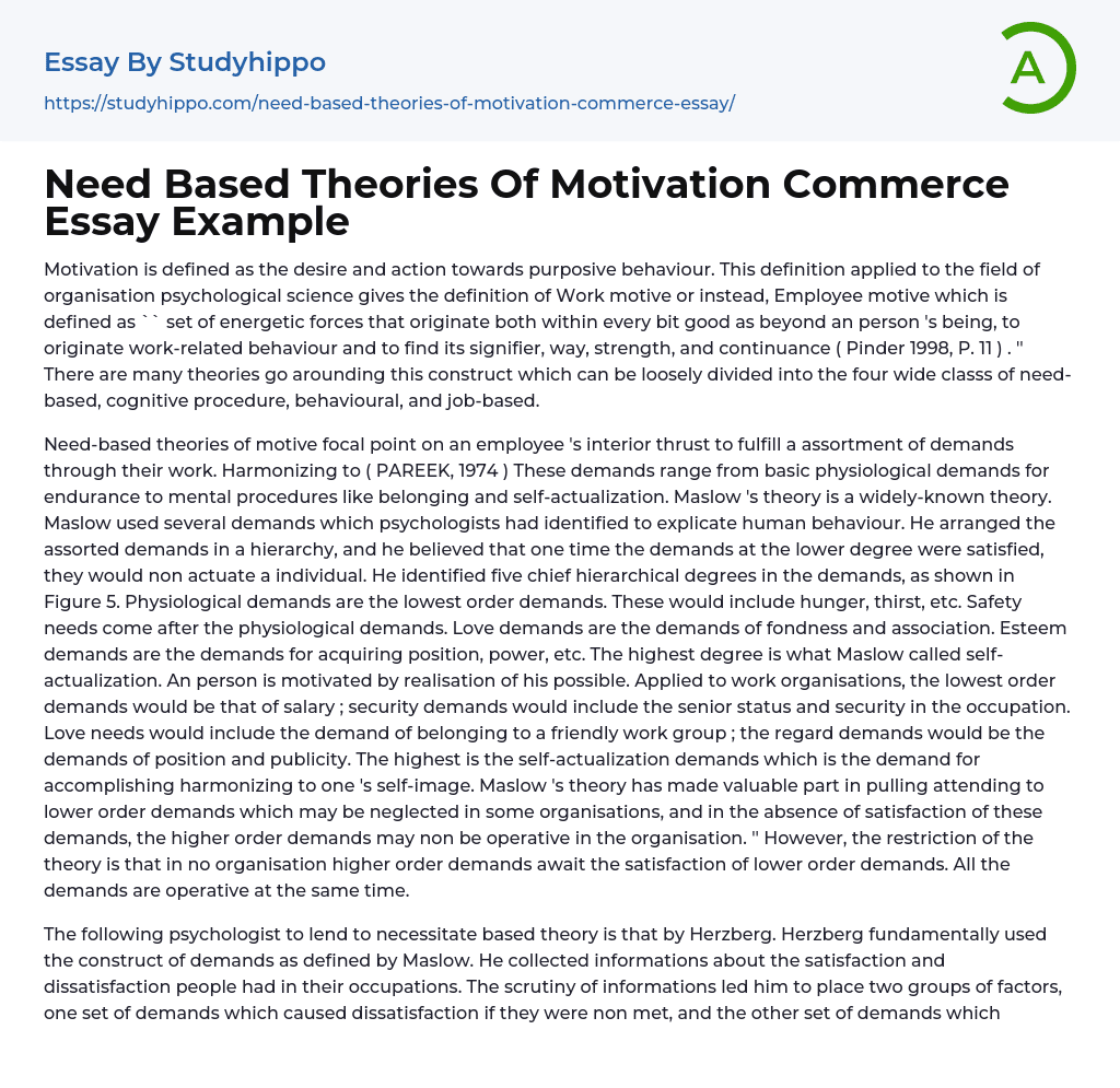 Need Based Theories Of Motivation Commerce Essay Example