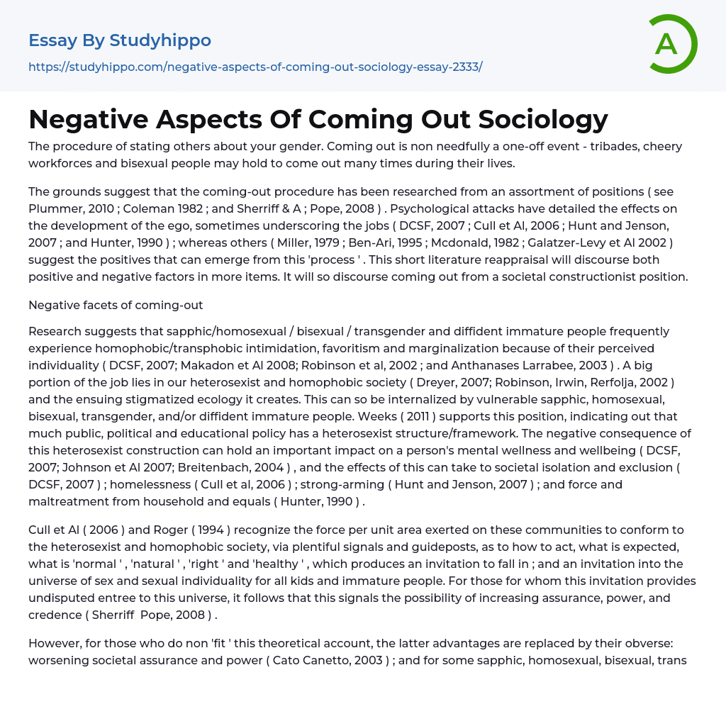 Negative Aspects Of Coming Out Sociology Essay Example