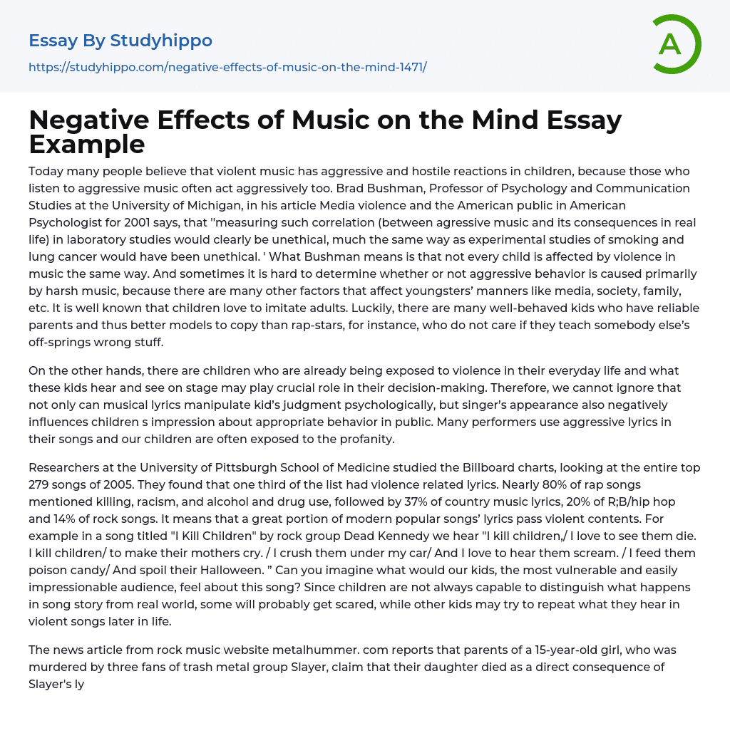 Negative Effects of Music on the Mind Essay Example