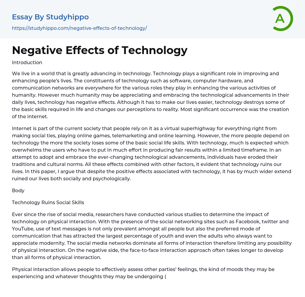 negative effects of technology short essay