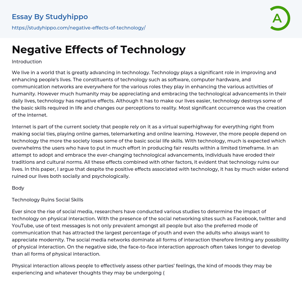 Negative Effects Of Technology Essay Example StudyHippo