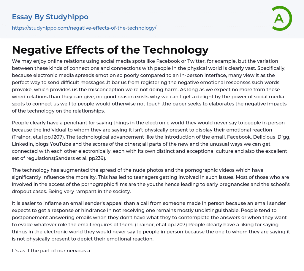 Negative Effects of the Technology Essay Example