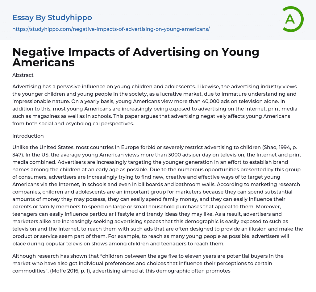 Negative Impacts of Advertising on Young Americans Essay Example