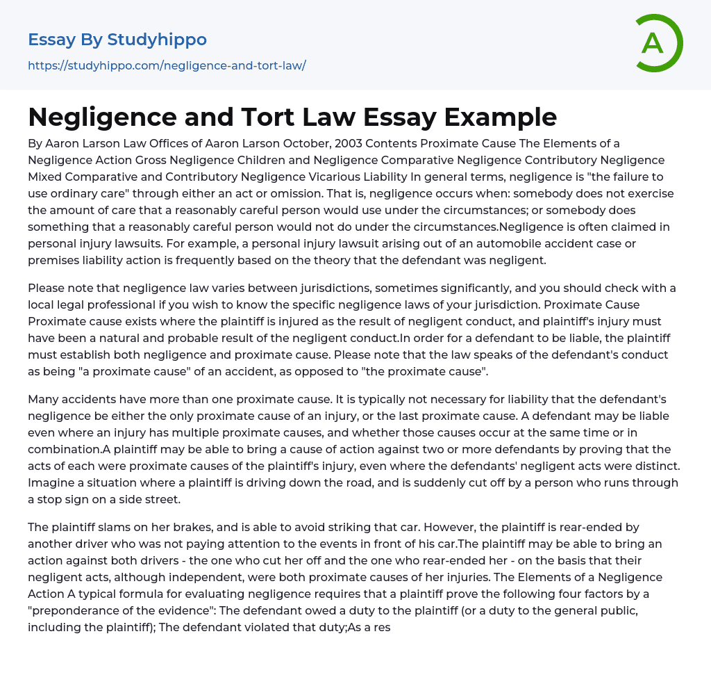 Negligence and Tort Law Essay Example