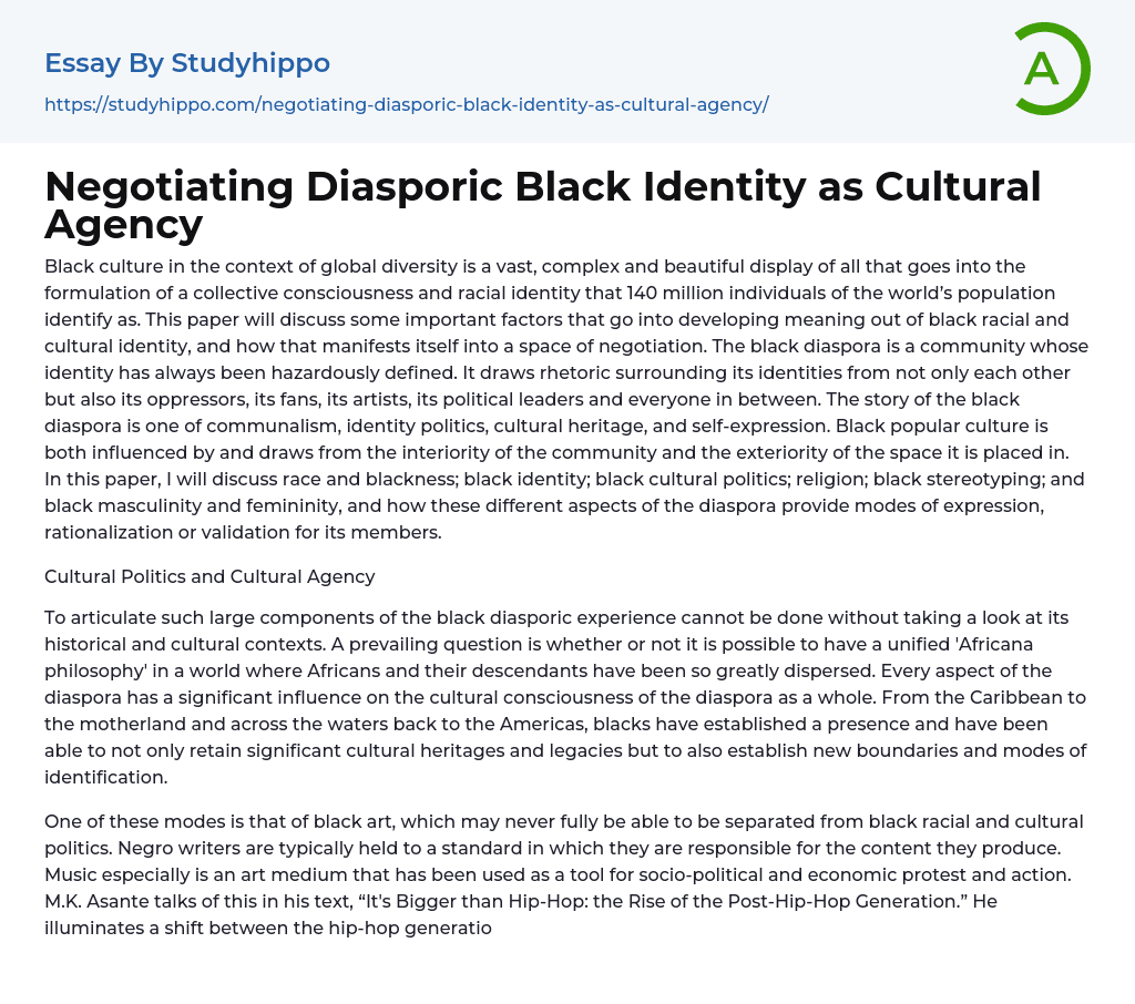 Negotiating Diasporic Black Identity as Cultural Agency Essay Example