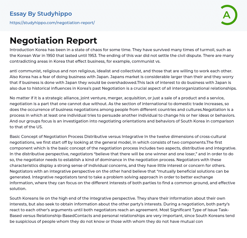 Negotiation Report Essay Example
