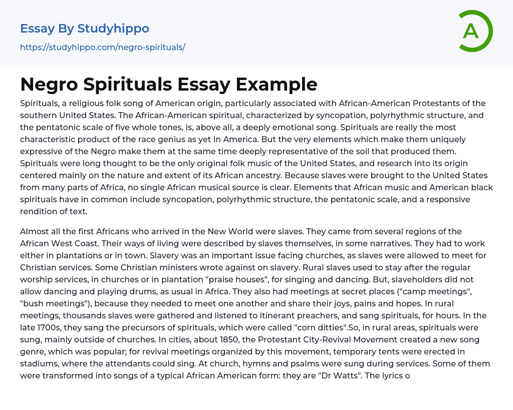 Negro Spirituals Essay Example