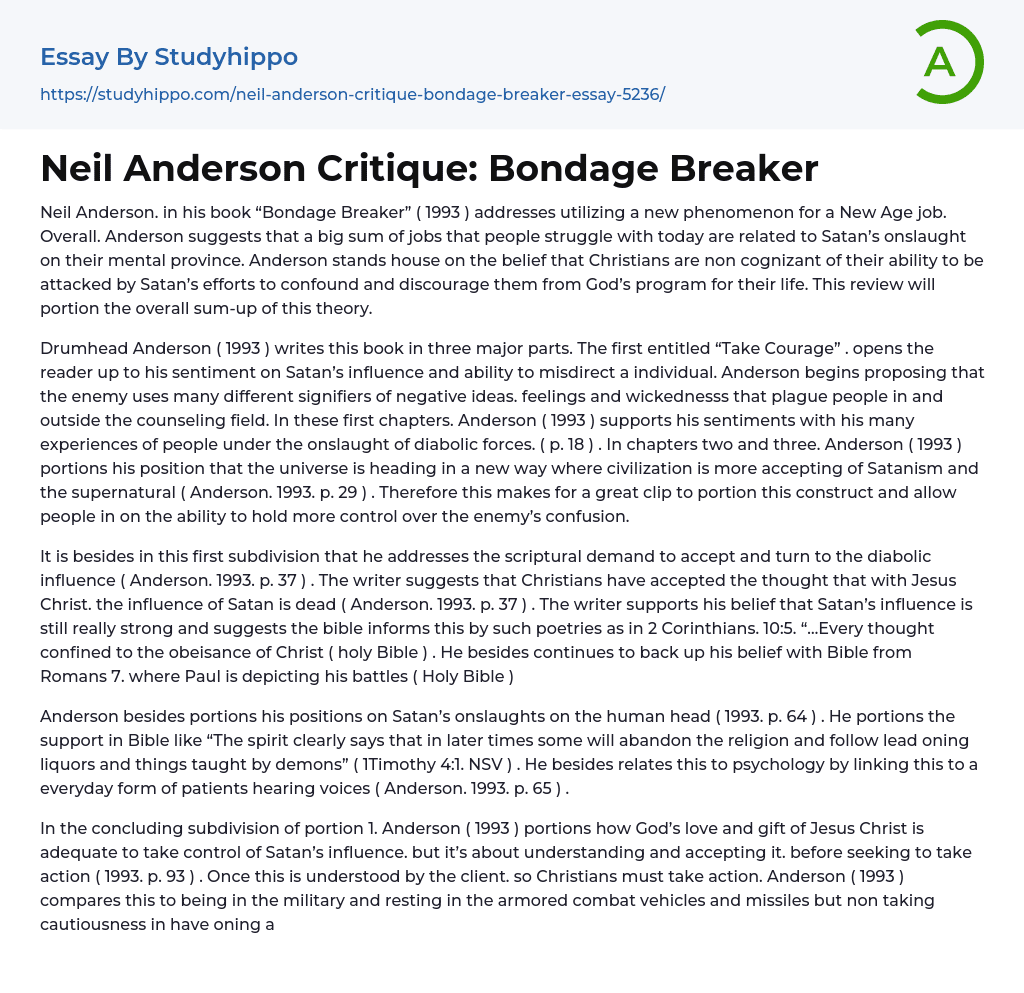 Neil Anderson Critique: Bondage Breaker Essay Example