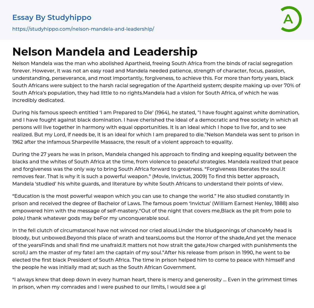 Nelson Mandela and Leadership Essay Example