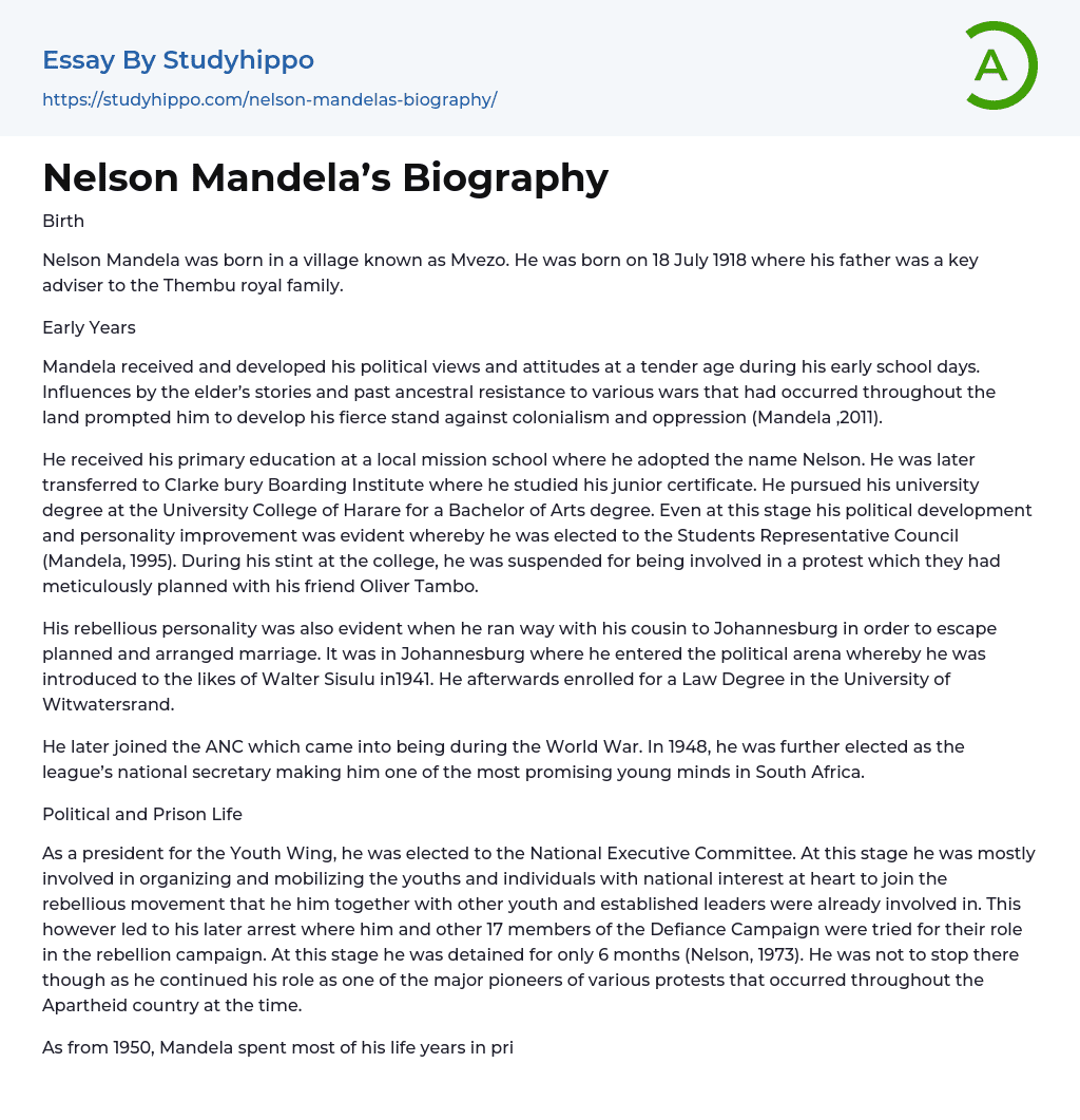 Nelson Mandela’s Biography Essay Example