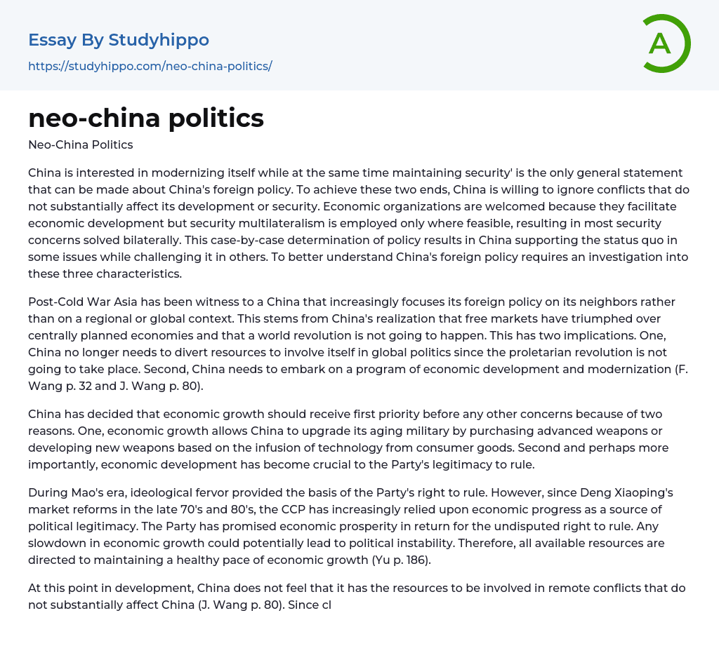 neo-china politics Essay Example