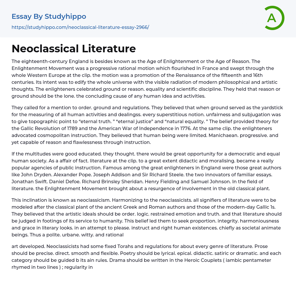 Neoclassical Literature Essay Example