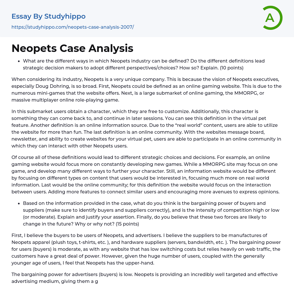 Neopets Case Analysis Essay Example