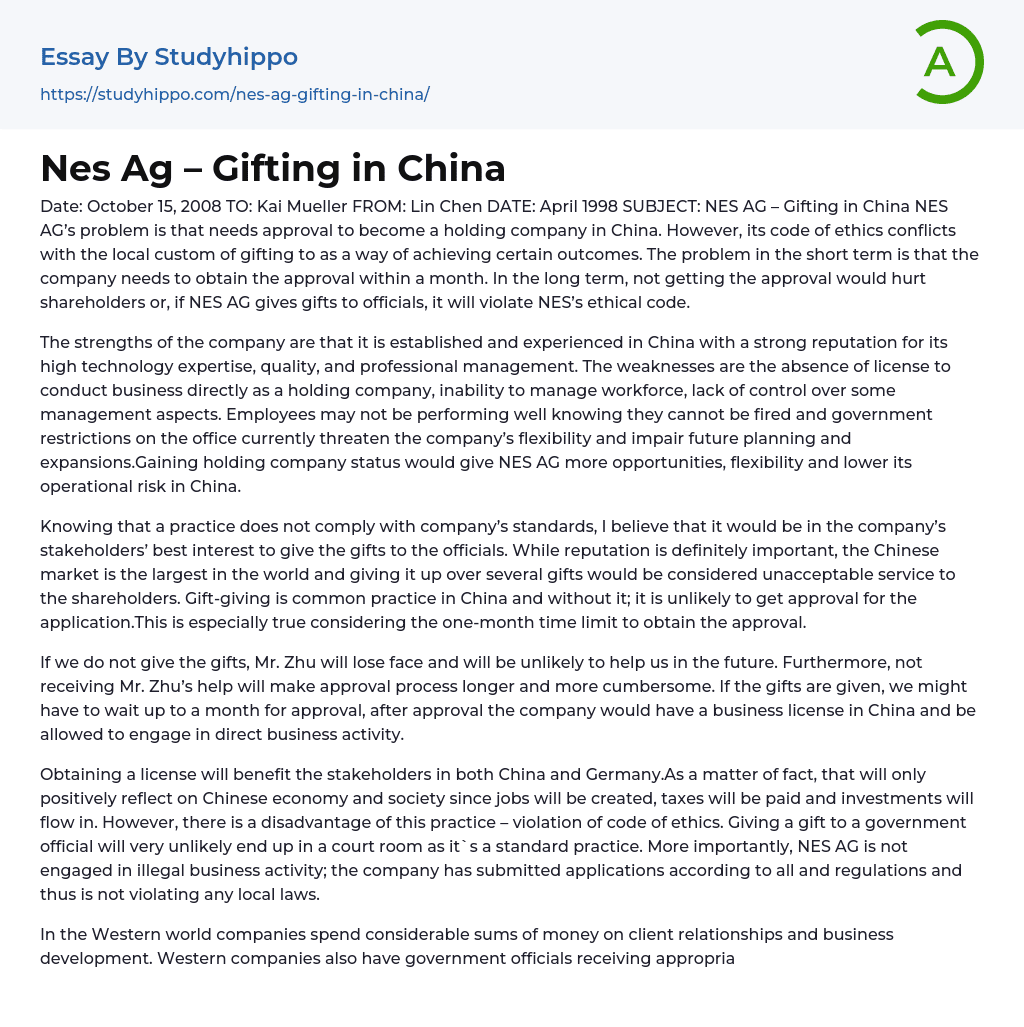 NES AG – Gifting in China Essay Example