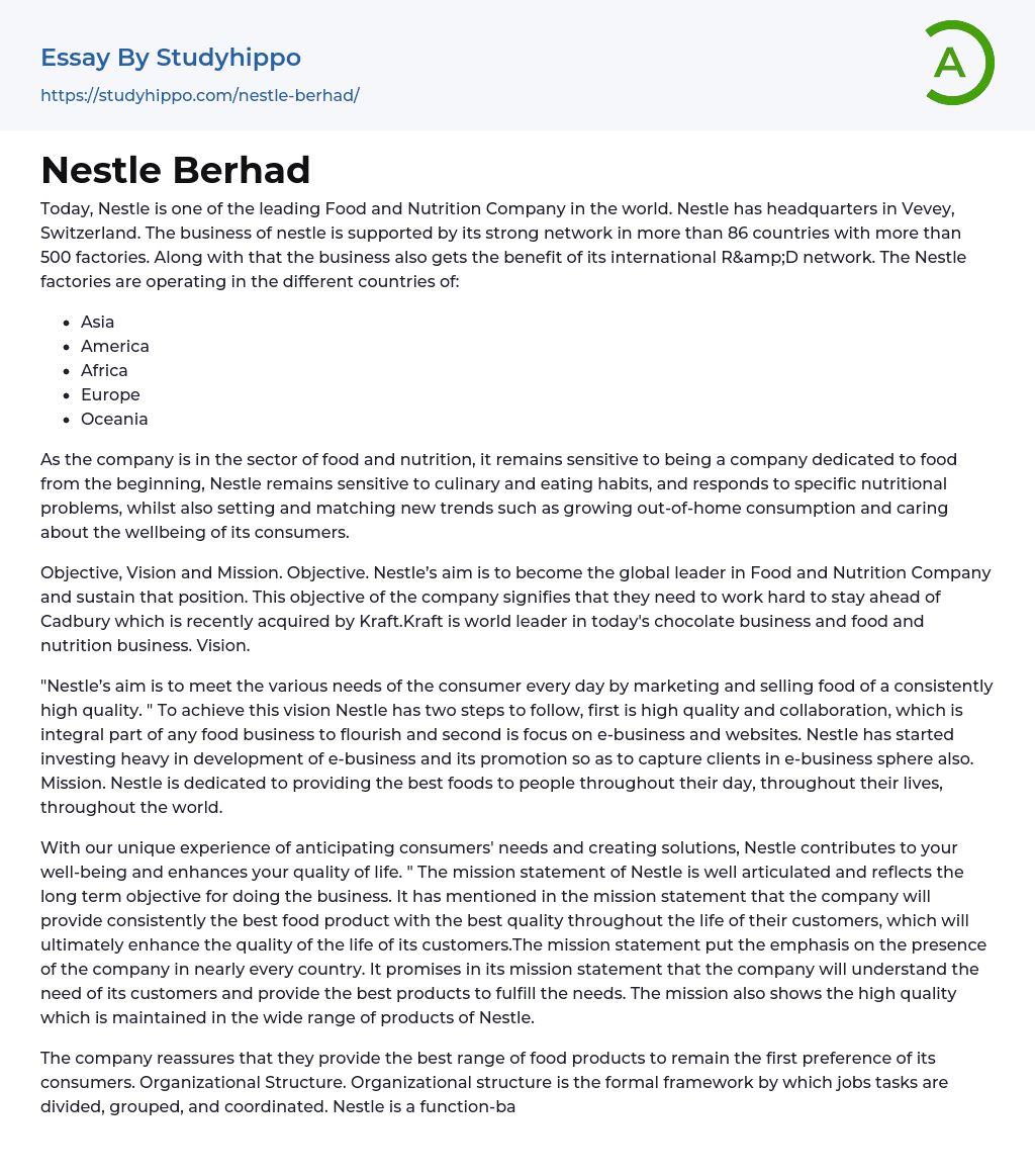 Nestle Berhad Essay Example