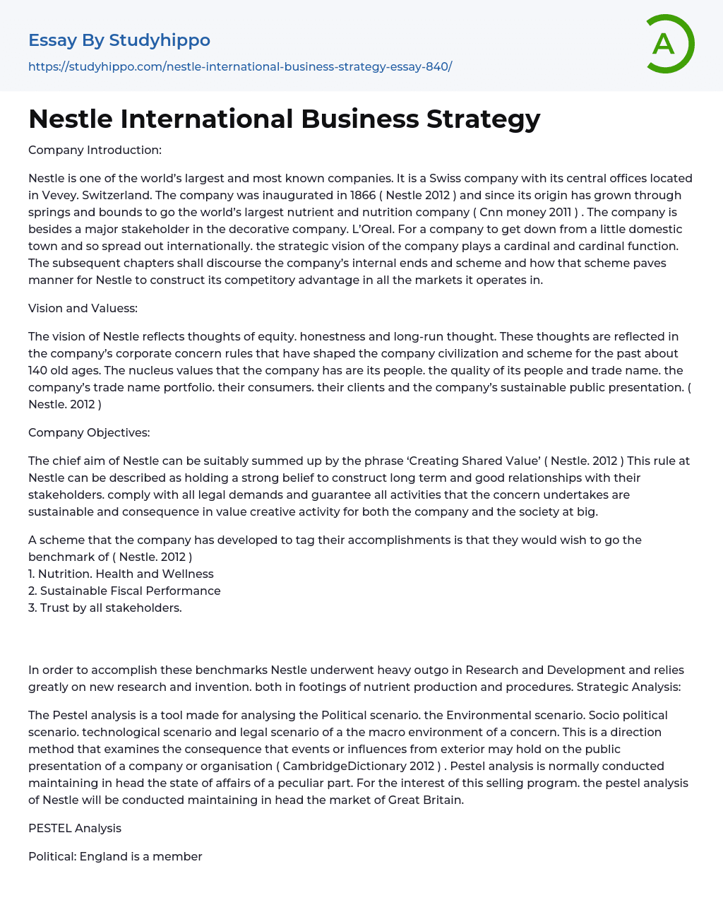 Nestle International Business Strategy Essay Example