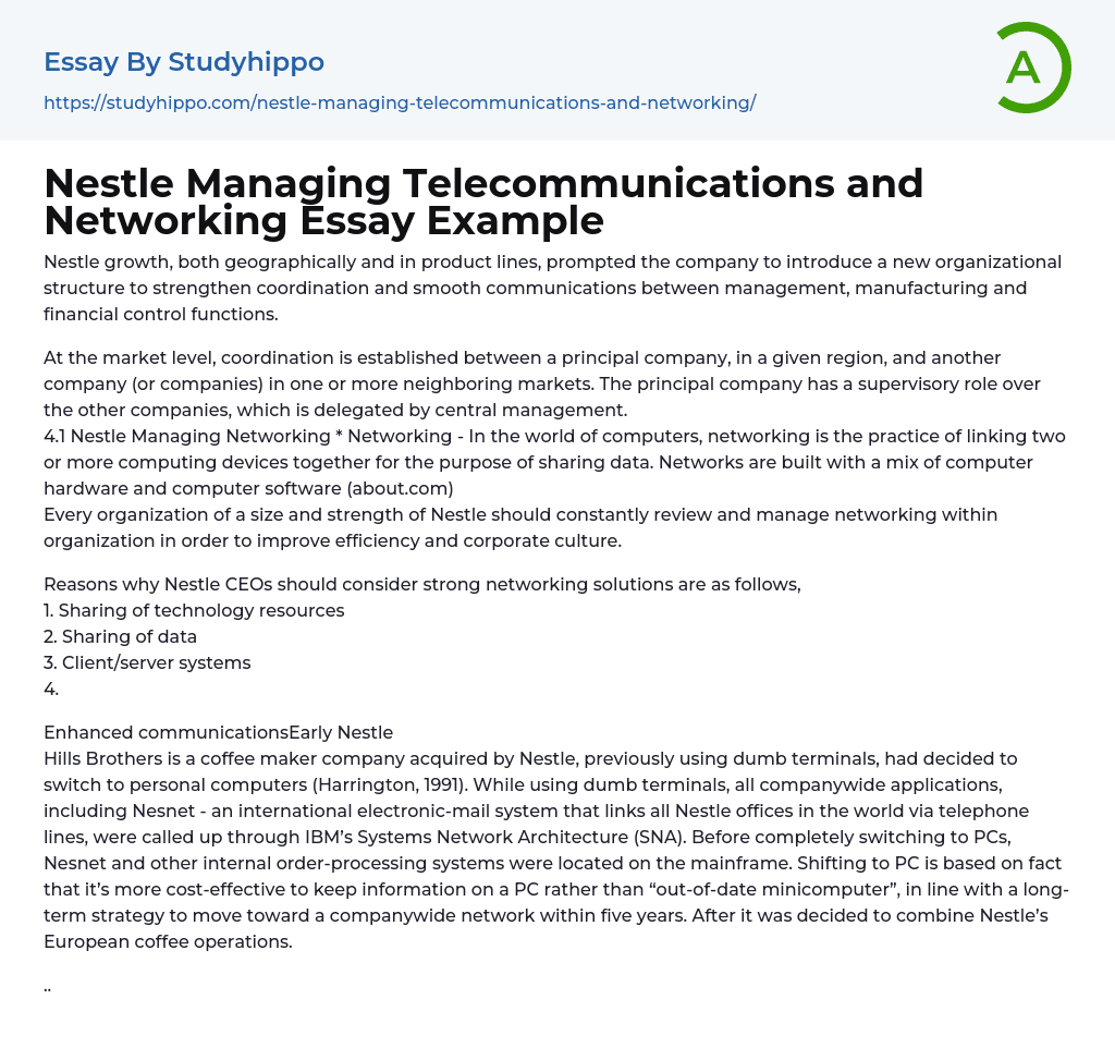 Nestle Managing Telecommunications and Networking Essay Example
