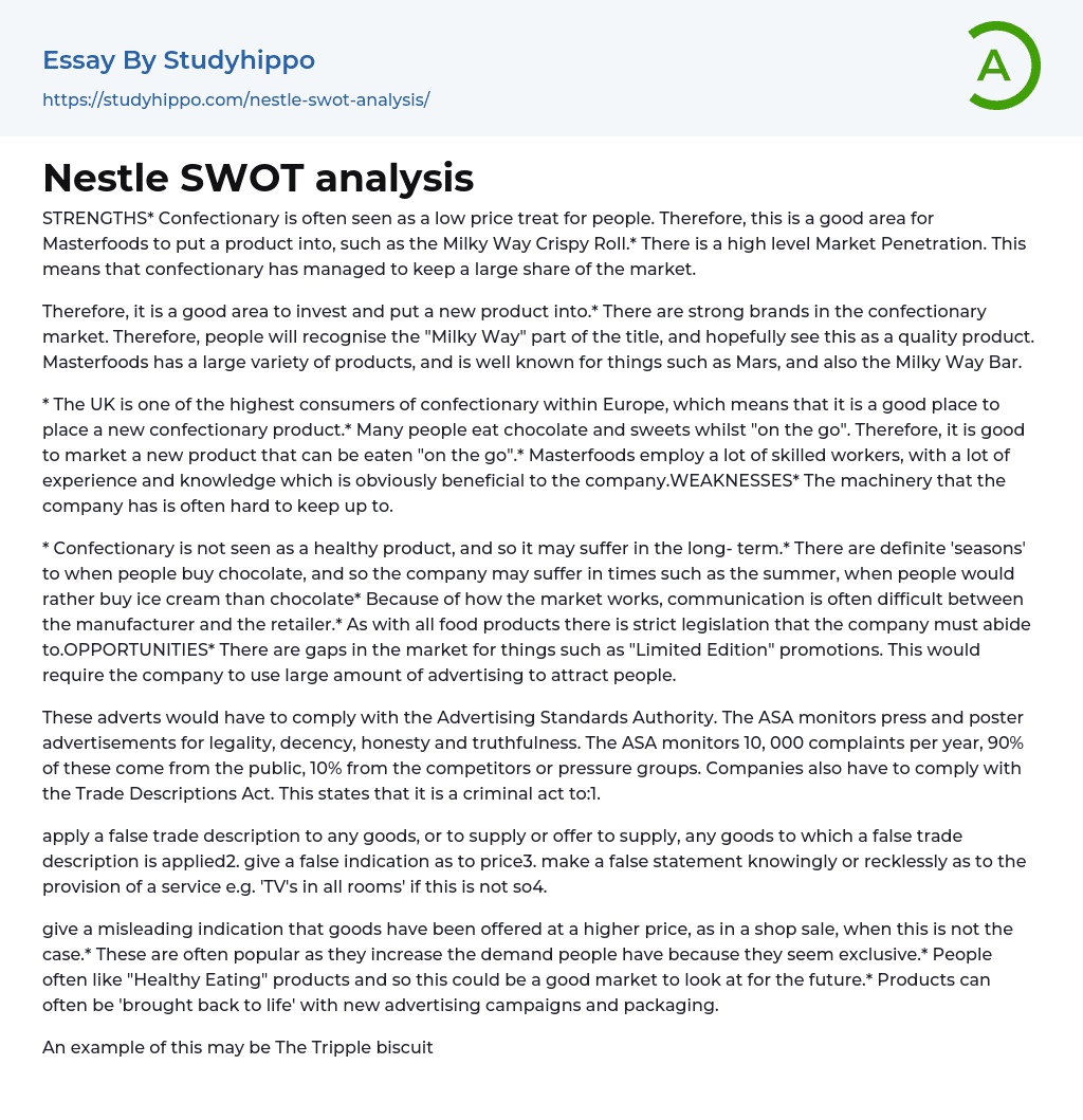 Nestle SWOT Analysis Essay Example