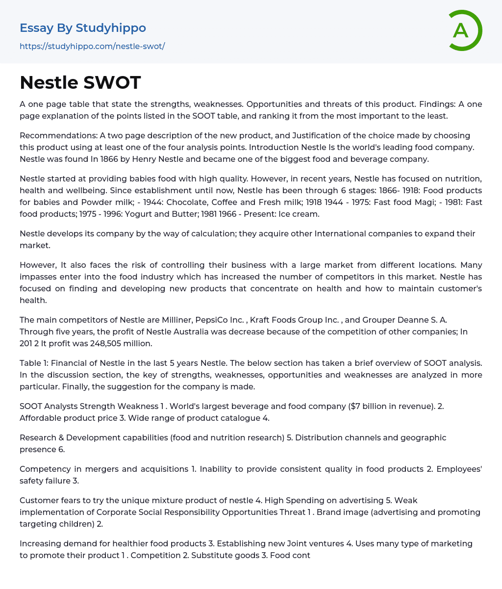 Nestle SWOT Essay Example