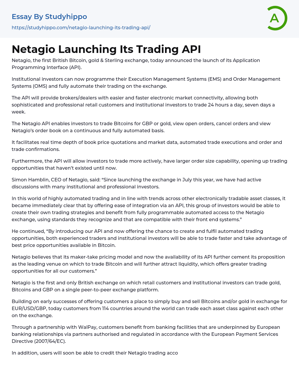 Netagio Launching Its Trading API Essay Example