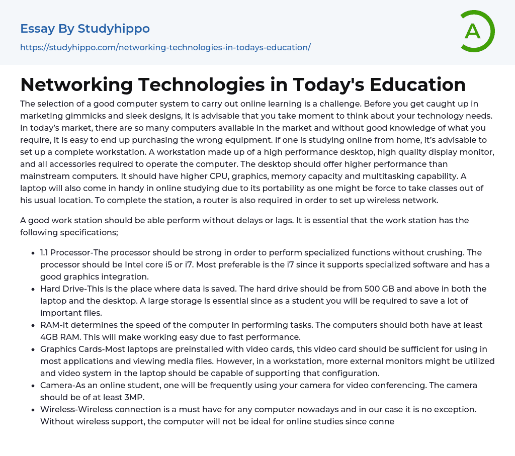Networking Technologies in Today’s Education Essay Example