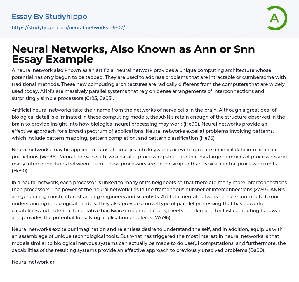 Neural Networks, Also Known as Ann or Snn Essay Example
