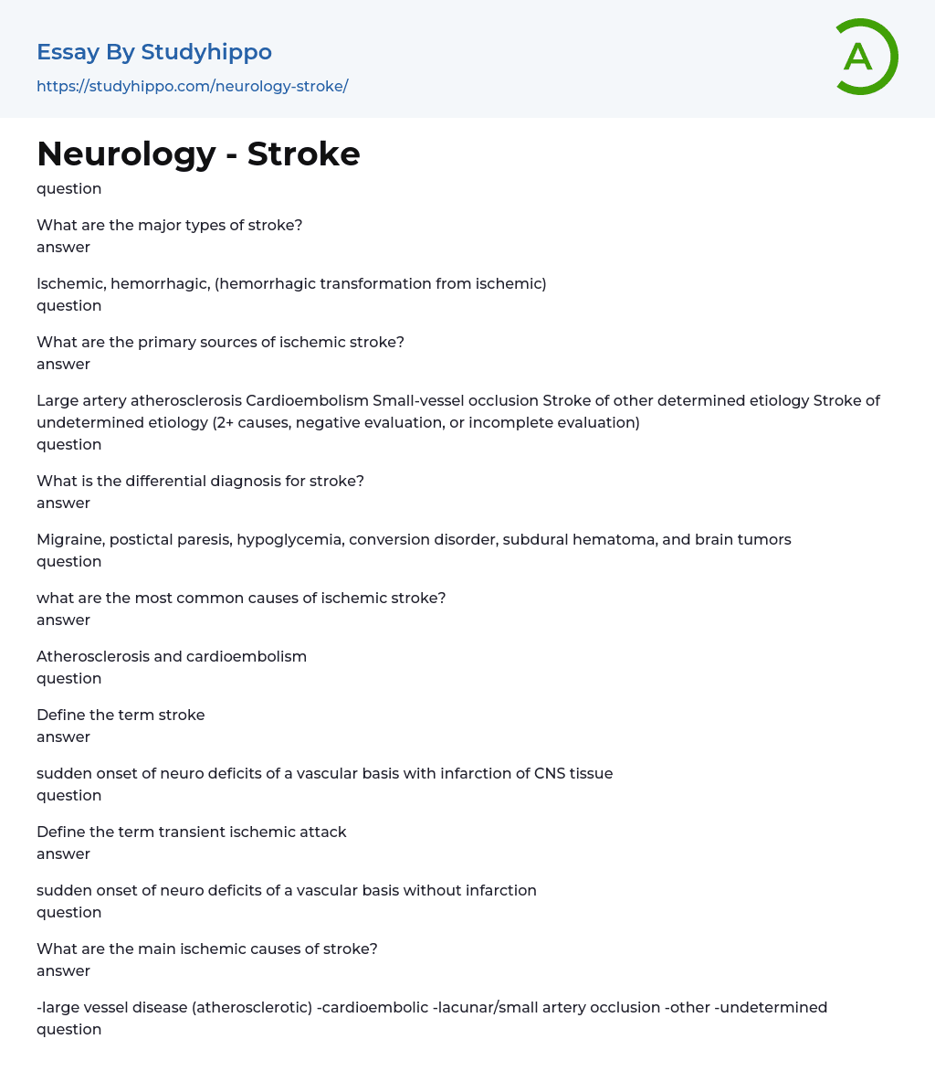 Neurology – Stroke Essay Example