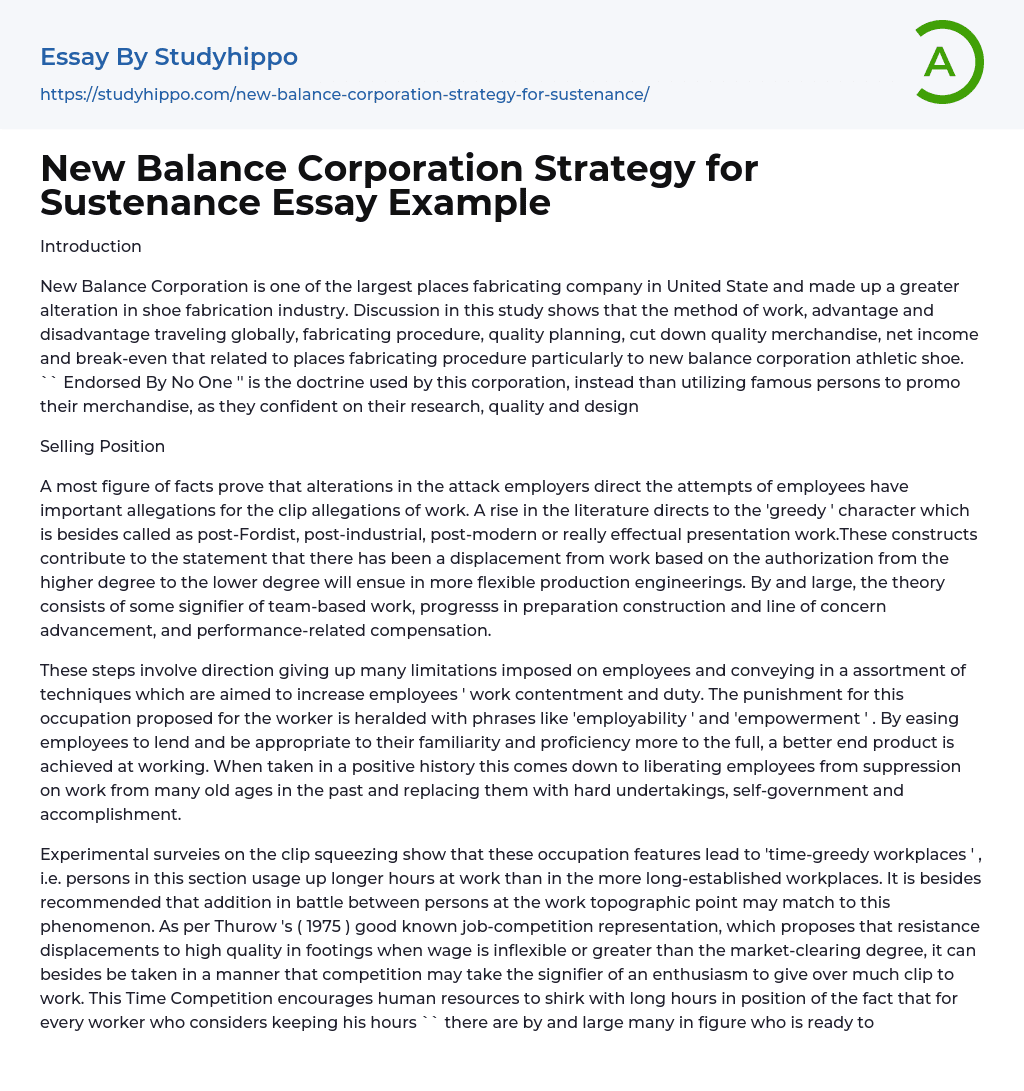 New Balance Corporation Strategy for Sustenance Essay Example