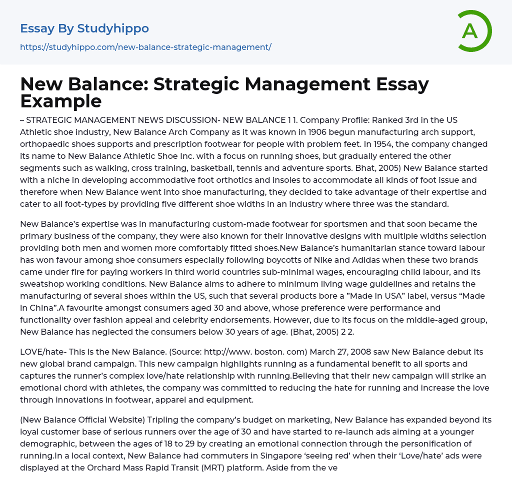 New Balance: Strategic Management Essay Example