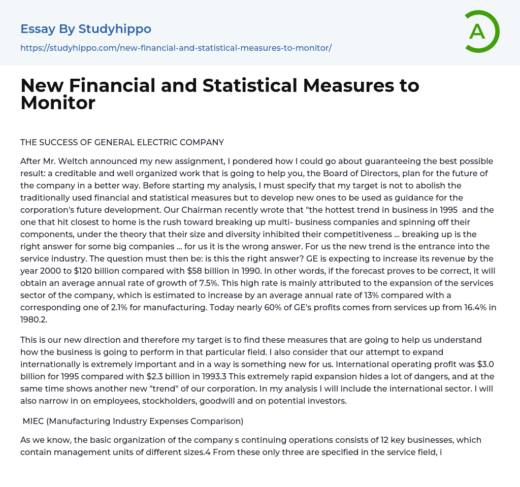 New Financial and Statistical Measures to Monitor Essay Example