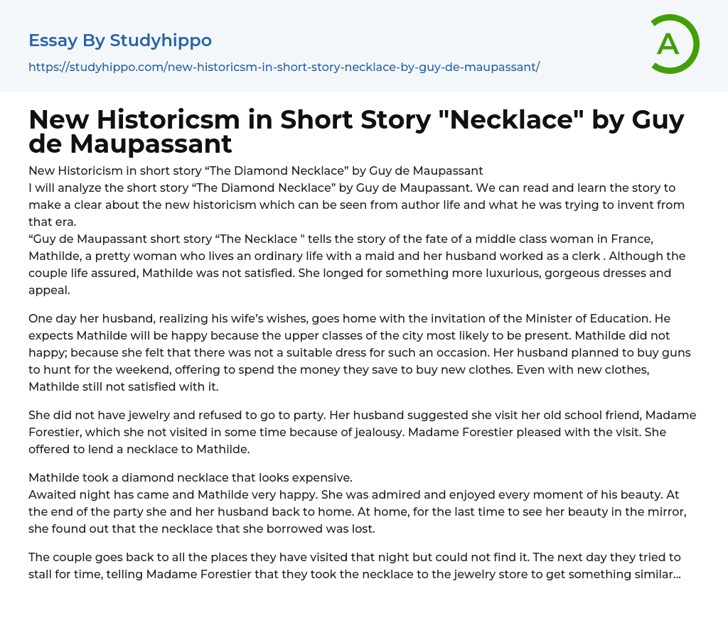 New Historicsm in Short Story “Necklace” by Guy de Maupassant Essay Example