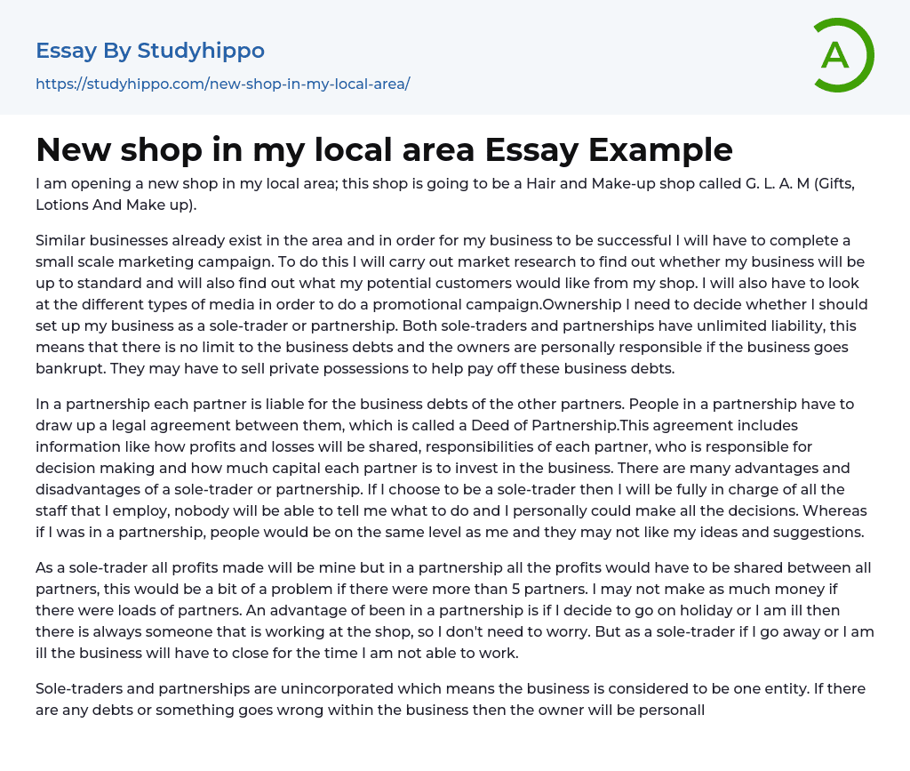 New shop in my local area Essay Example