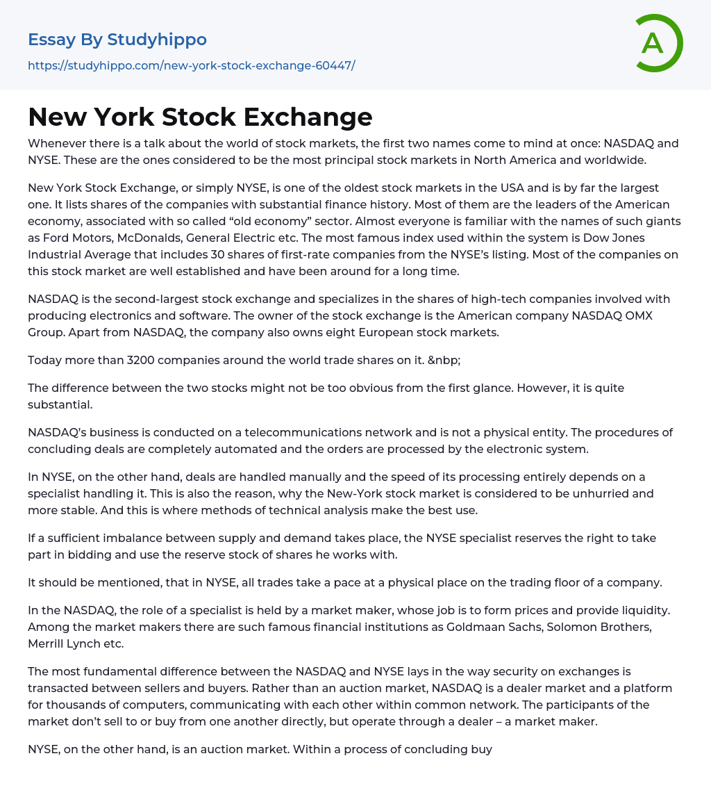 New York Stock Exchange Essay Example