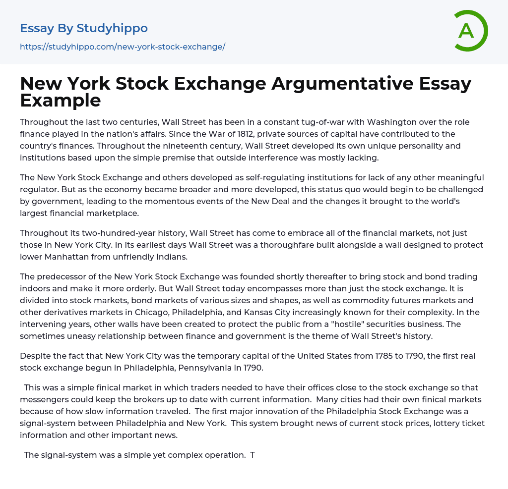 New York Stock Exchange Argumentative Essay Example