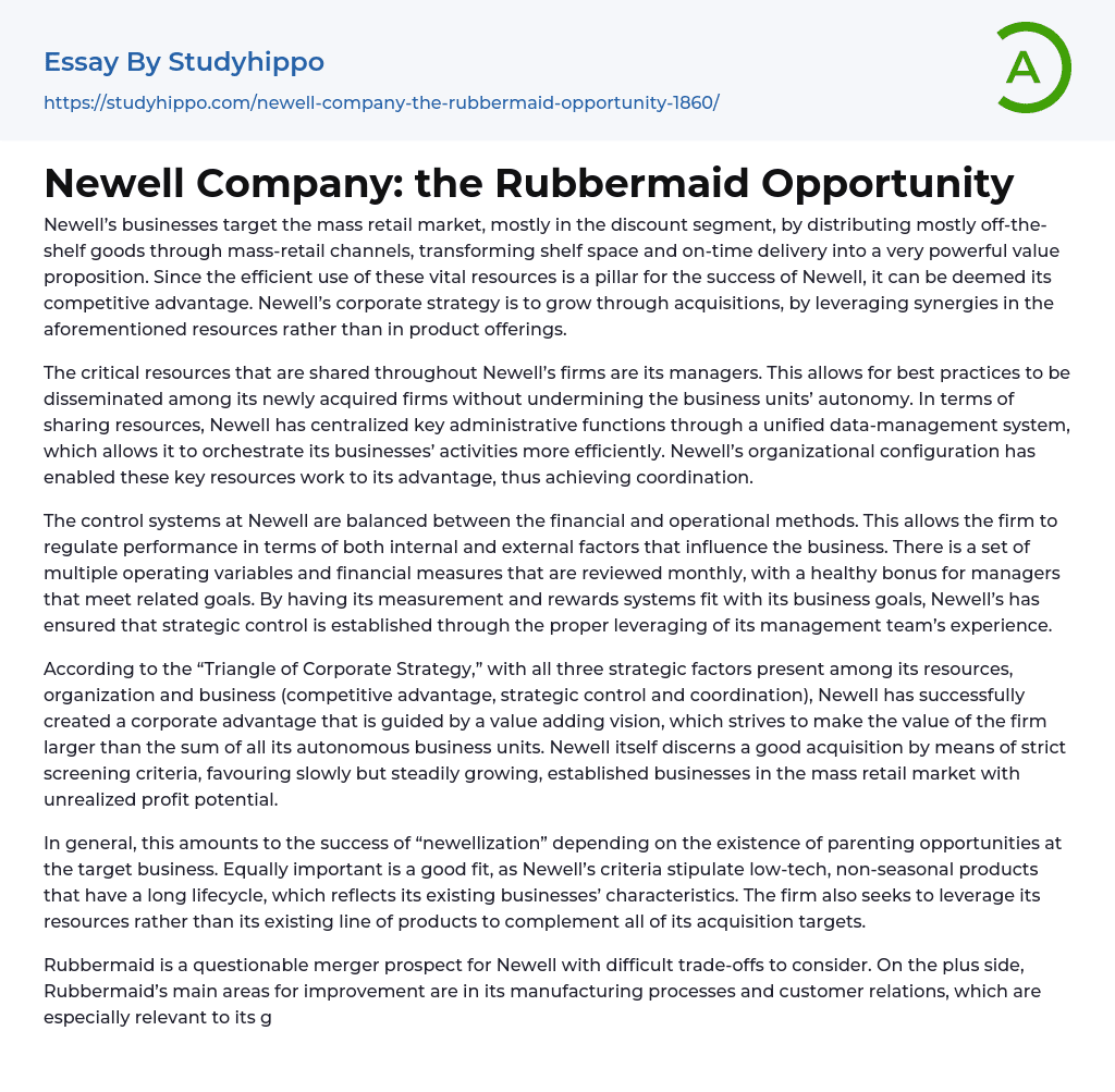 Newell Company: the Rubbermaid Opportunity Essay Example