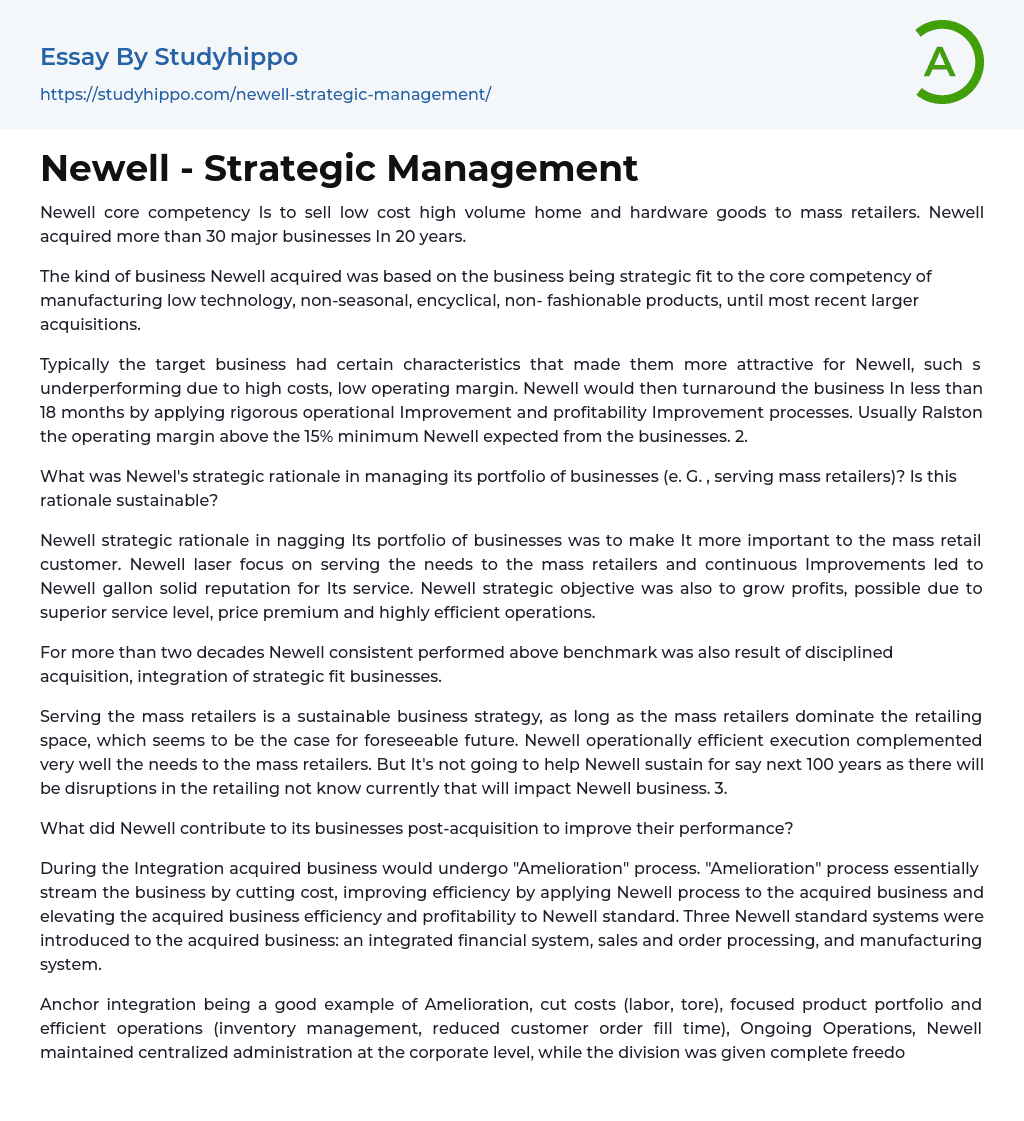 Newell – Strategic Management Essay Example