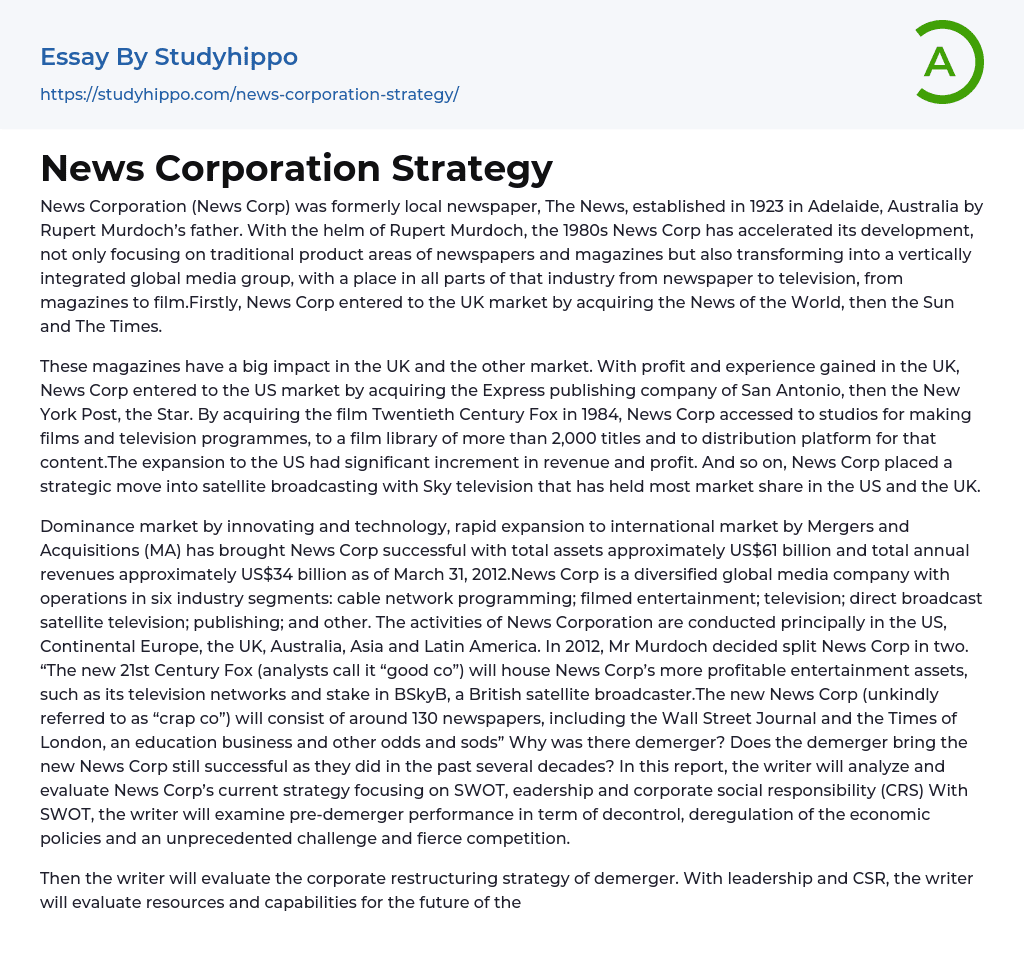 News Corporation Strategy Essay Example