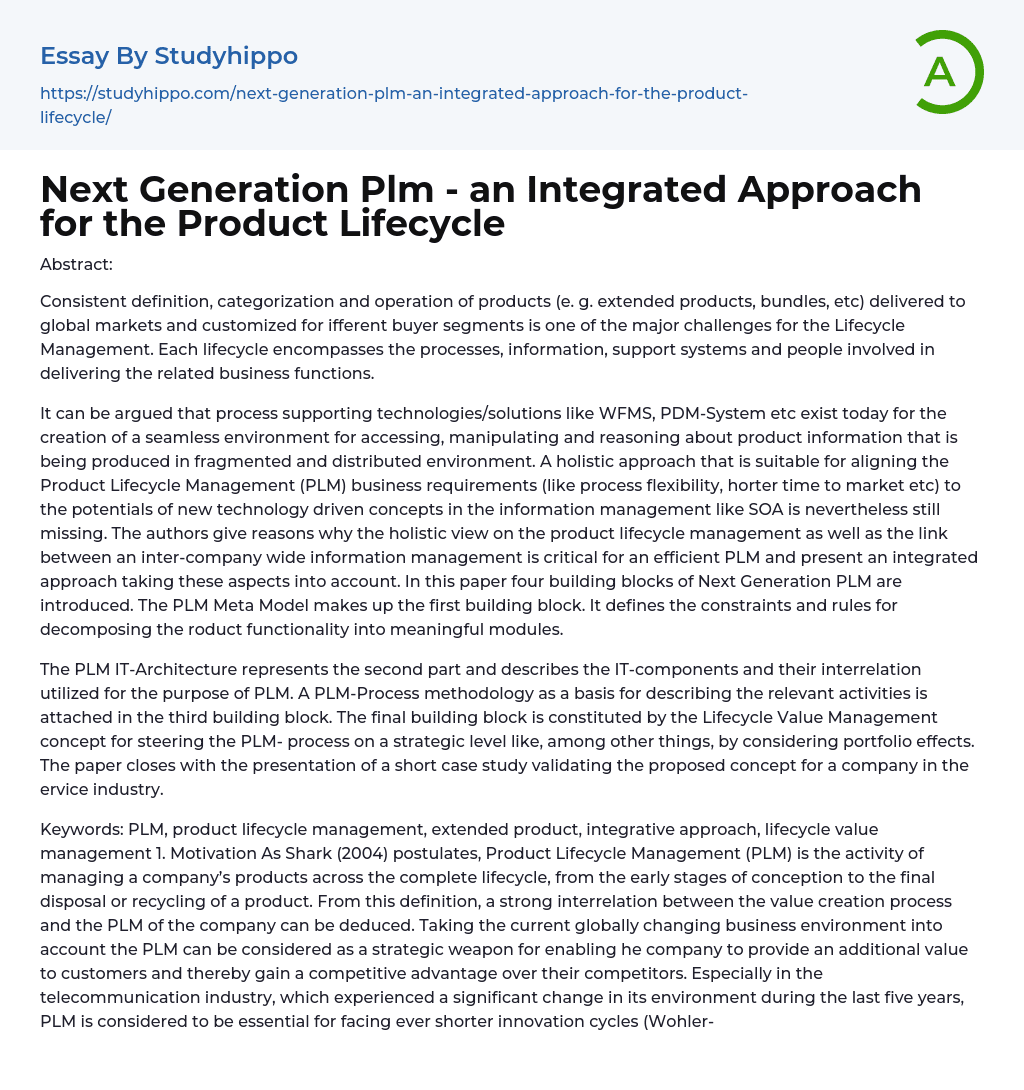 Next Generation Plm – an Integrated Approach for the Product Lifecycle Essay Example