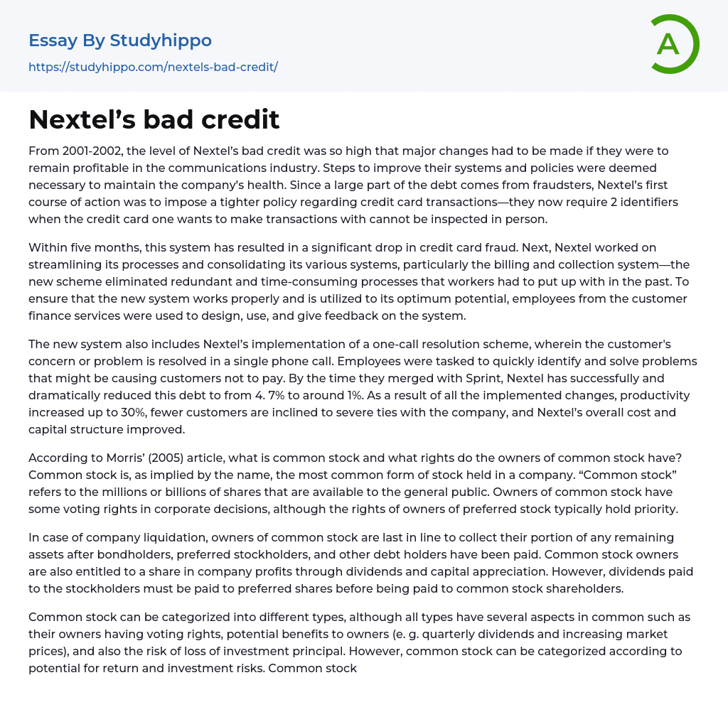 Nextel’s bad credit Essay Example