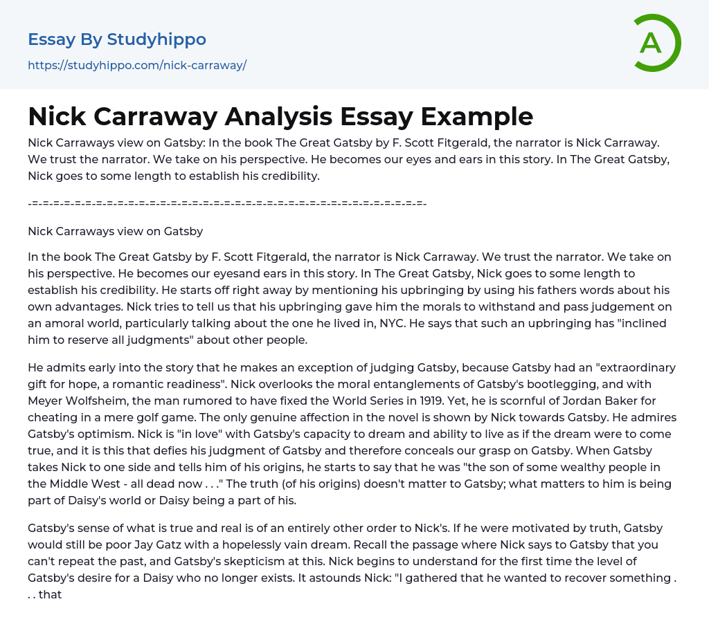 Nick Carraway Analysis Essay Example