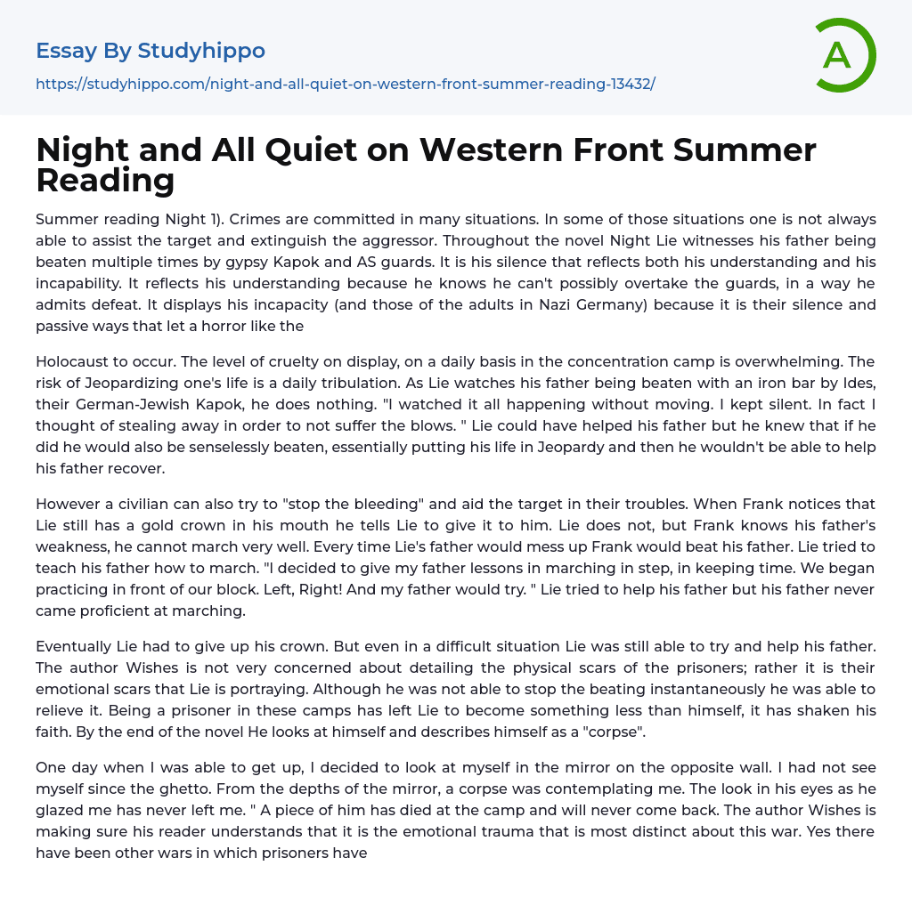 Night and All Quiet on Western Front Summer Reading Essay Example