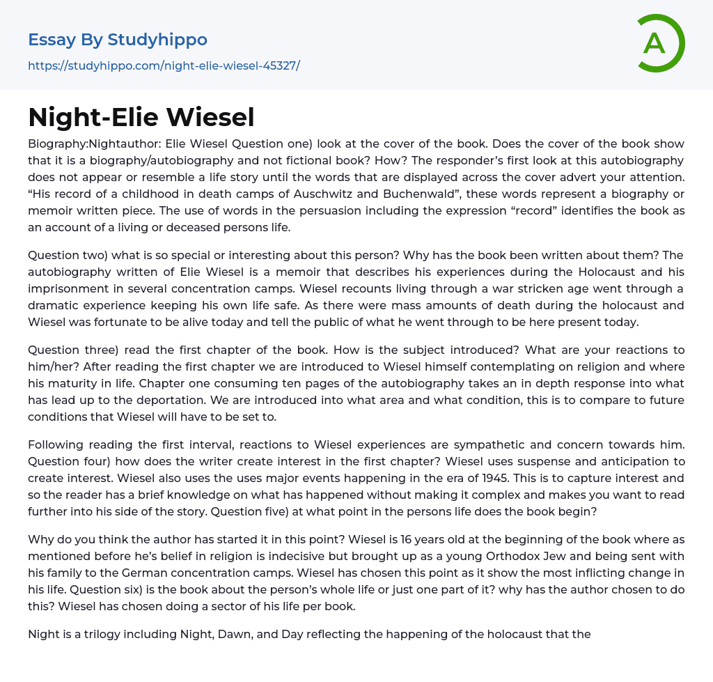 Night-Elie Wiesel Essay Example