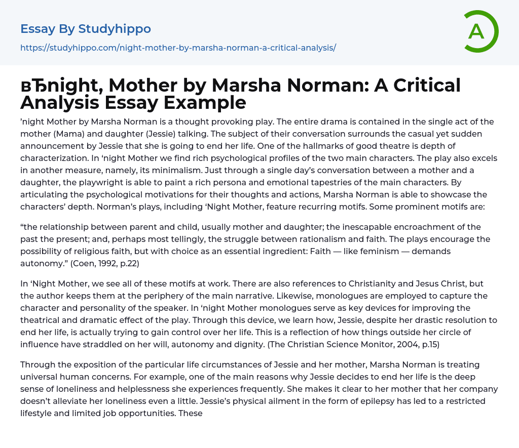 “night, Mother by Marsha Norman: A Critical Analysis Essay Example