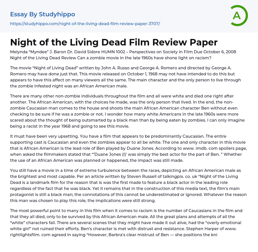 Night of the Living Dead Film Review Paper Essay Example
