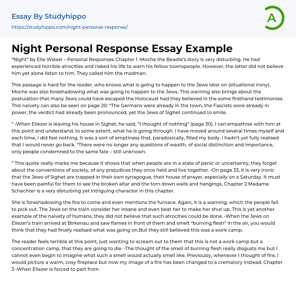 Night Personal Response Essay Example