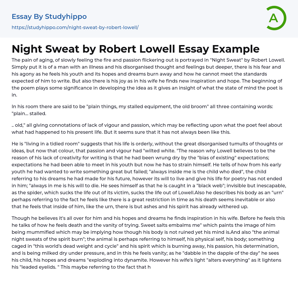 Night Sweat by Robert Lowell Essay Example
