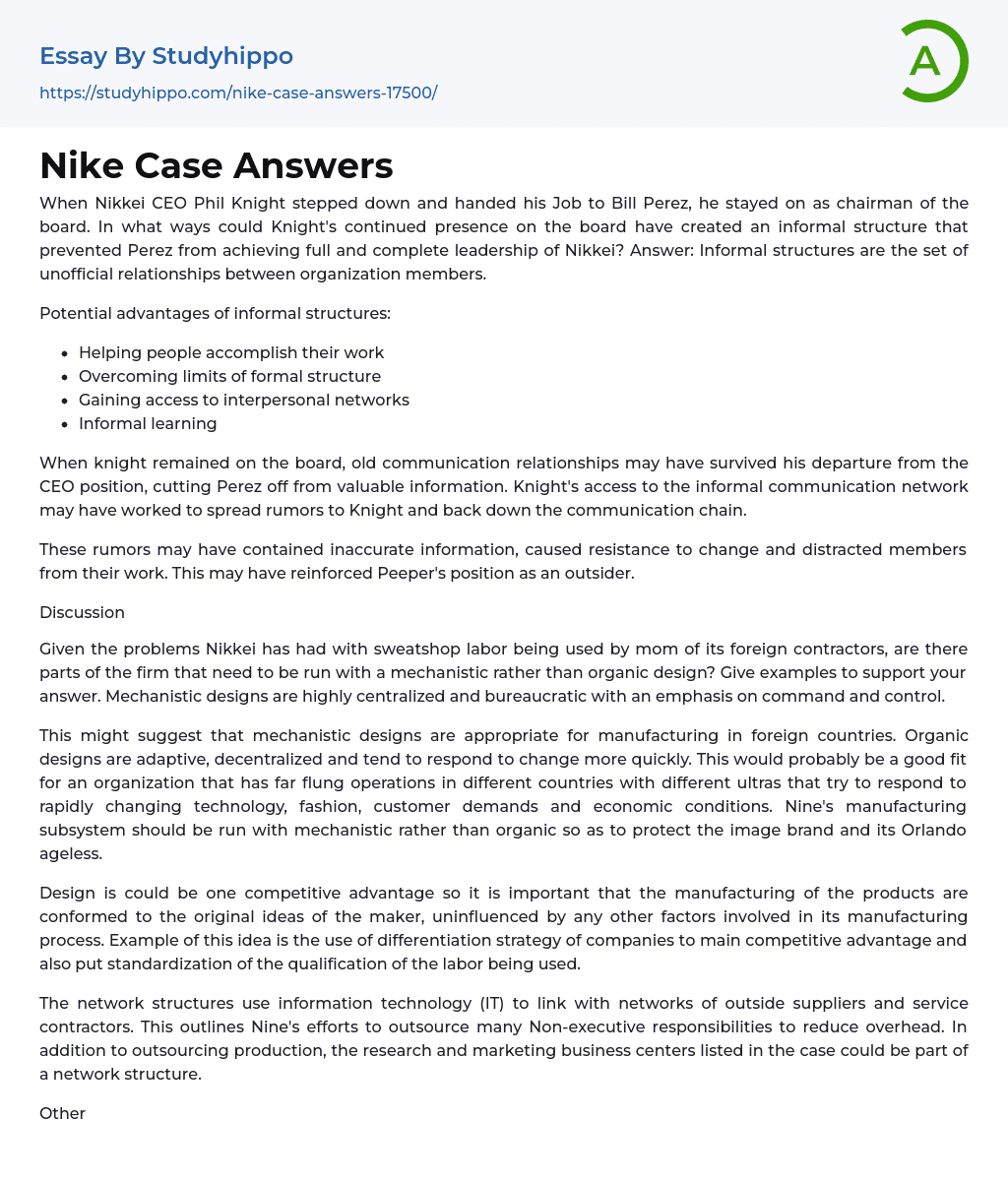 Nike Case Answers Essay Example